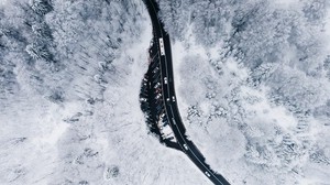 winter, view from above, forest, road - wallpapers, picture