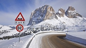 sign, road, restriction, mountains, snow, winter, turn, 50 - wallpapers, picture