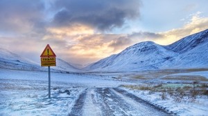 sign, warning, mountains, road, snow, protectors, sky, clouds