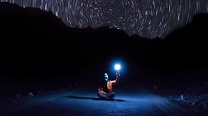 starry sky, man, night, light, road