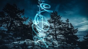 starry sky, trees, rocks, night, patterns, light art - wallpapers, picture