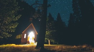 starry sky, the house, forest, night - wallpapers, picture