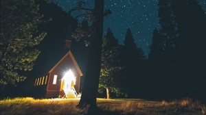 cielo estrellado, la casa, bosque, noche