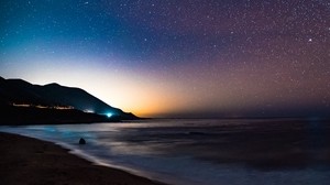 starry sky, mountains, night, sea, stars, shore - wallpapers, picture