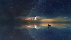 starry sky, boat, reflection, sail, night
