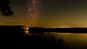 starry sky, milky way, lake, night, grass
