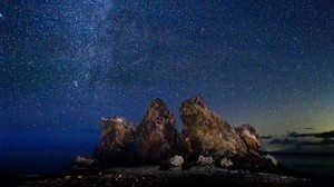 starry sky, milky way, stars, rocks - wallpapers, picture
