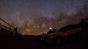 starry sky, night, car, shine - wallpapers, picture