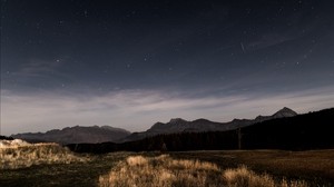 starry sky, night, stars, grass, mountains