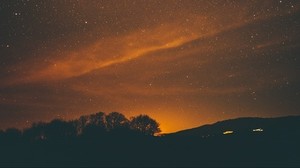 cielo estrellado, noche, estrellas, árboles