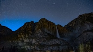 starry sky, cliff, waterfall - wallpapers, picture