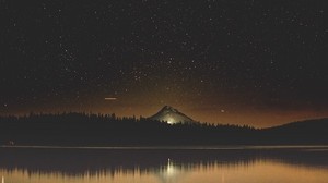 starry sky, lake, mountain, trees, night