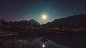 starry sky, lake, mountains, trees - wallpapers, picture