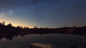 starry sky, lake, night, horizon, reflection