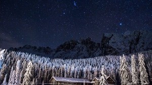 starry sky, barn, structure, mountains