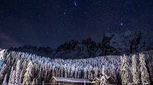 cielo estrellado, granero, estructura, montañas