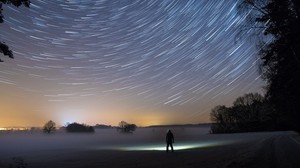 cielo stellato, sagoma, inverno, solitudine, nebbia, alberi