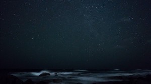 starry sky, fog, stones, sea - wallpapers, picture