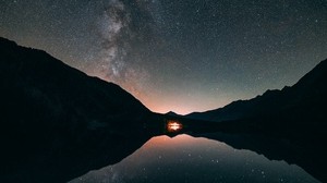 starry sky, stars, Milky Way, night, lake, reflection - wallpapers, picture