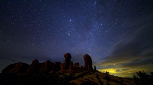 starry sky, stars, rocks, night - wallpapers, picture